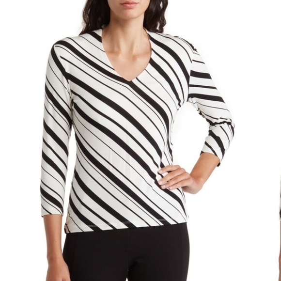 Elie Tahari 3/4 Sleeve Top Black White Diagonal Stripe Size Small Stretch - Picture 1 of 9